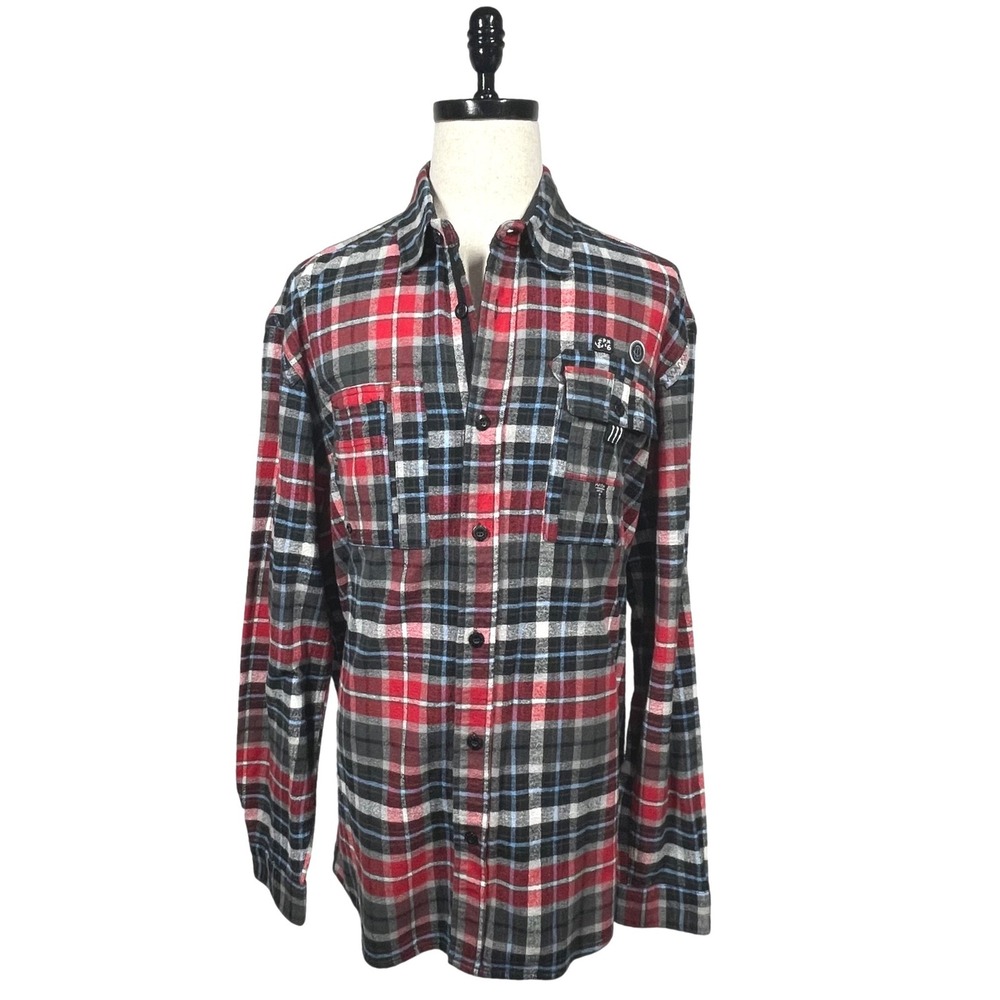Parish Nation Mens 3XL Flannel Shirt Red Black Plaid Long Sleeve Y2K Shacket